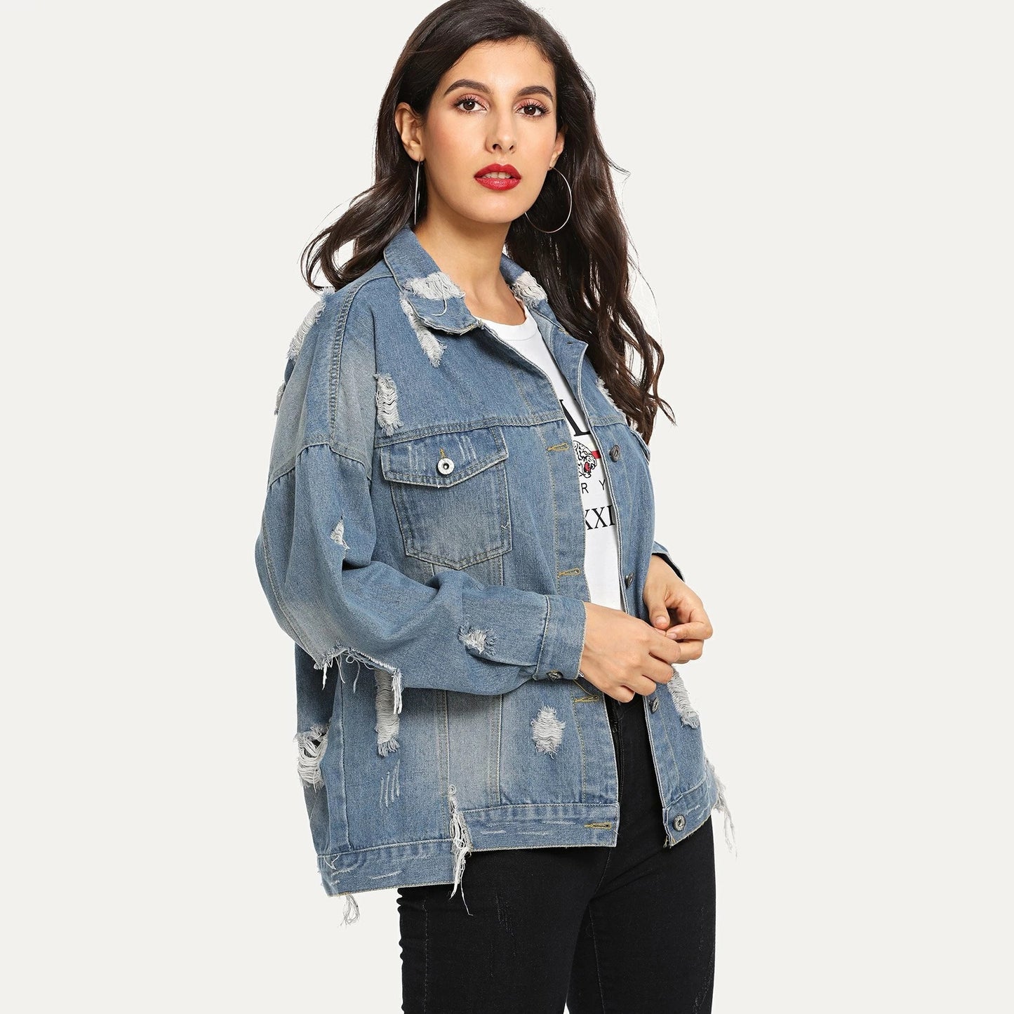 Basic Coat Bombers Vintage Fabric Patchwork Denim Jacket Women Cowboy Jeans Autumn Frayed Ripped Hole Jean Jacket