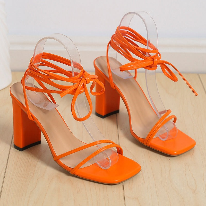 Cross Bandage High Heels Sandals Women Summer Fashion Lace-Up High Heels Peep Toe Shoes Female Square Heel Ladies Sandals
