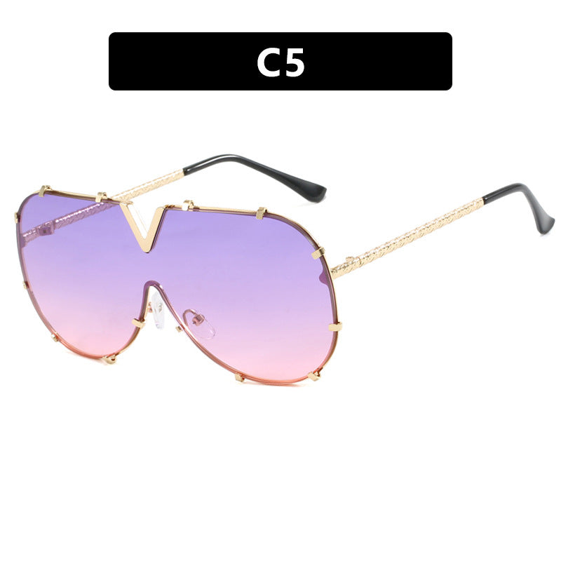 Fashion metal one-piece sunglasses, new V-frame sunglasses, Instagram popular sunglasses