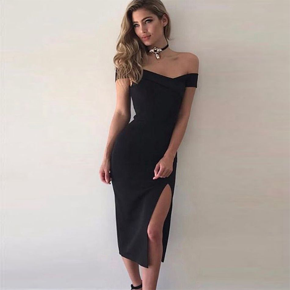New Summer Celebrity Party Bodycon Bandage Dress Women Short Sleeve Off The Shoulder Sexy Split NightClub Dress Women Vestidos