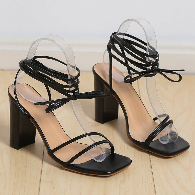 Cross Bandage High Heels Sandals Women Summer Fashion Lace-Up High Heels Peep Toe Shoes Female Square Heel Ladies Sandals