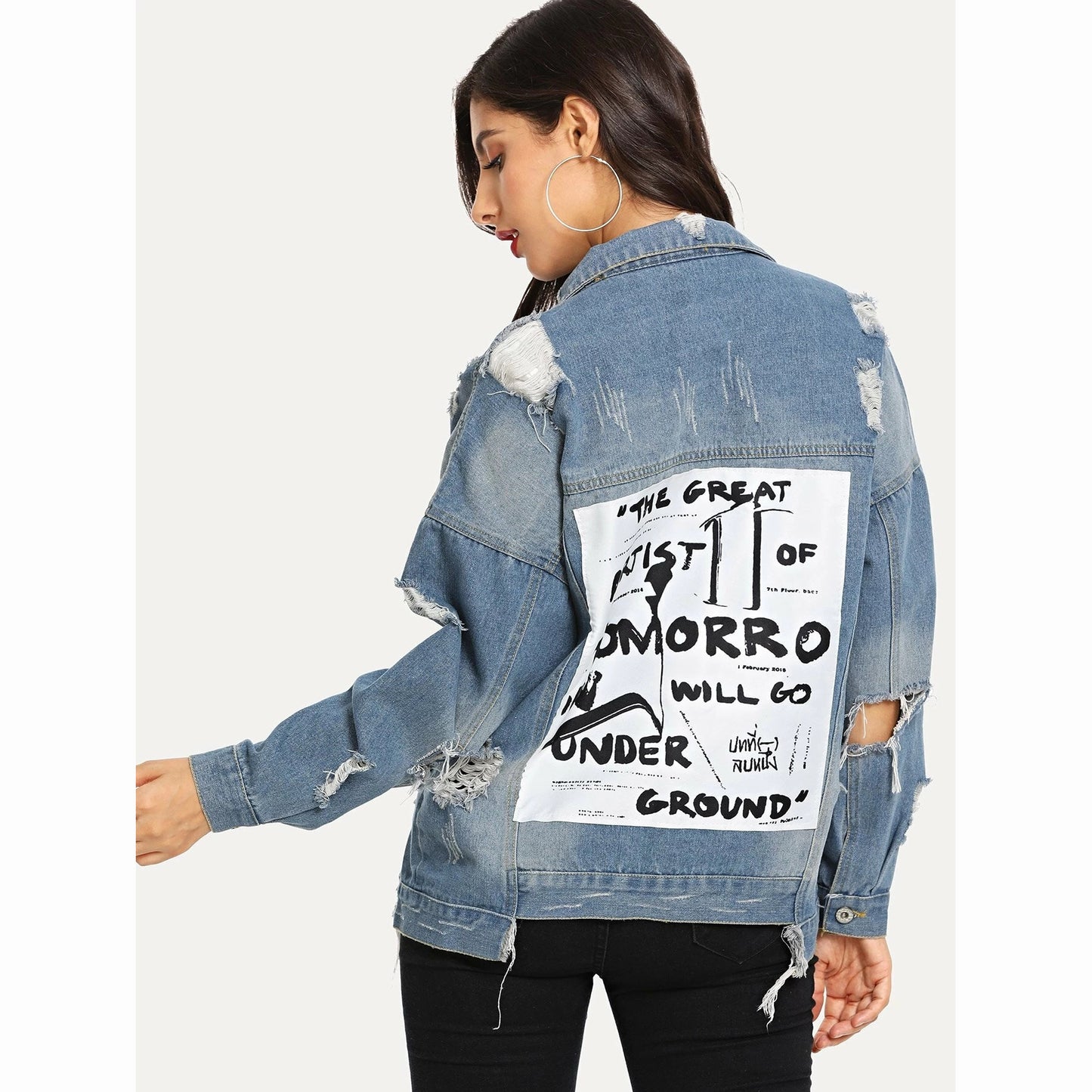 Basic Coat Bombers Vintage Fabric Patchwork Denim Jacket Women Cowboy Jeans Autumn Frayed Ripped Hole Jean Jacket