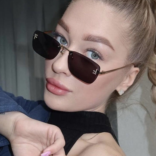 Letter F diamond studded frameless cut sunglasses for women, fashionable retro metal sunglasses